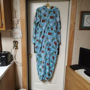 Body Candy Blue With Reindeer Soft Fleece Hooded One piece Sleepwear Women's L